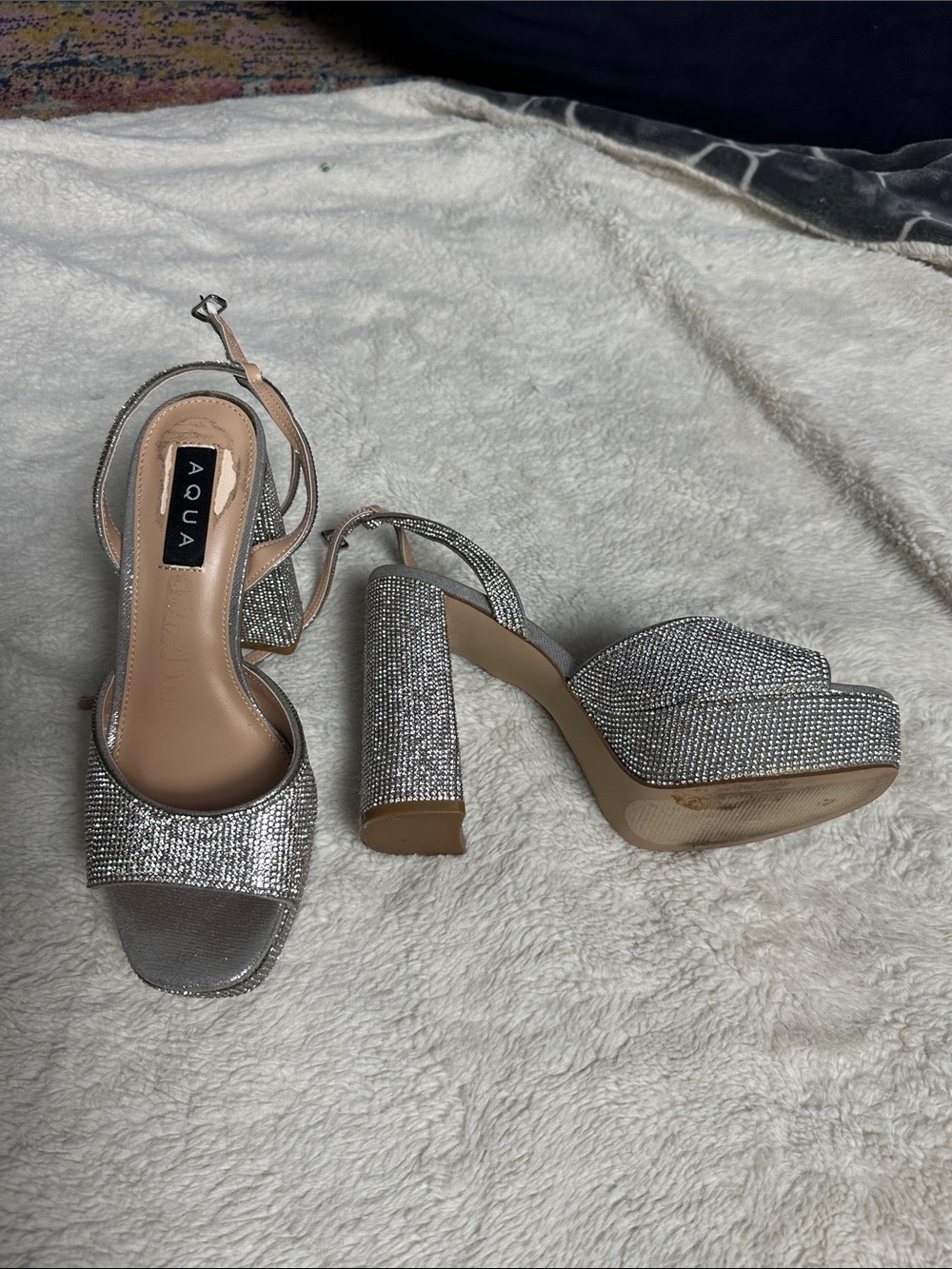Aqua Silver Rhinestone Platform Block Heels